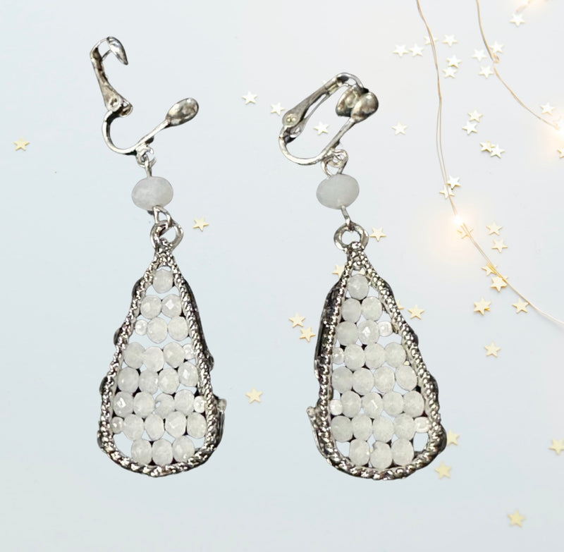 Clip on 2 1/4" silver and white bead teardrop shape dangle earrings