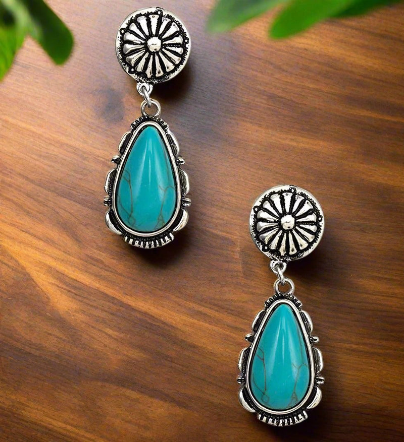 Clip on 2" western silver and teardrop turquoise stone earrings