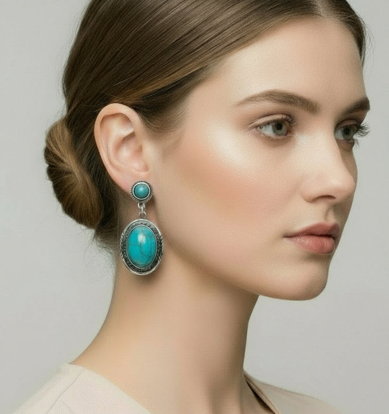 Western pierced 2" silver and turquoise stone hoop earrings