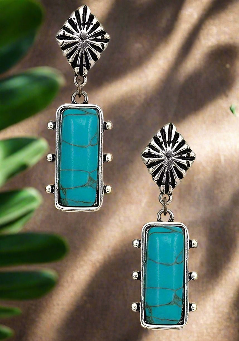 Clip on 2" western silver and turquoise stone bar earrings