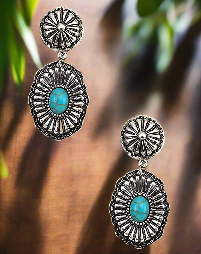 Clip on 1 3/4" western silver and turquoise stone earrings