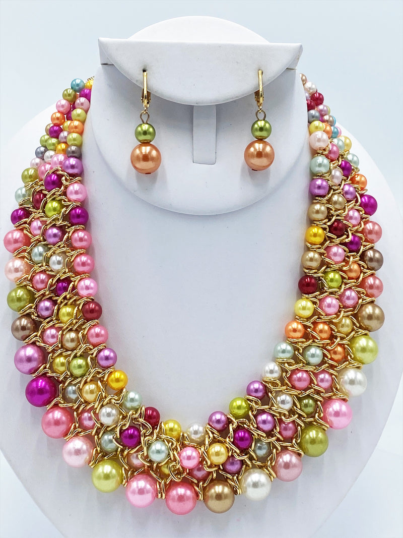 Clip on gold and multi colored half inch necklace and earring set