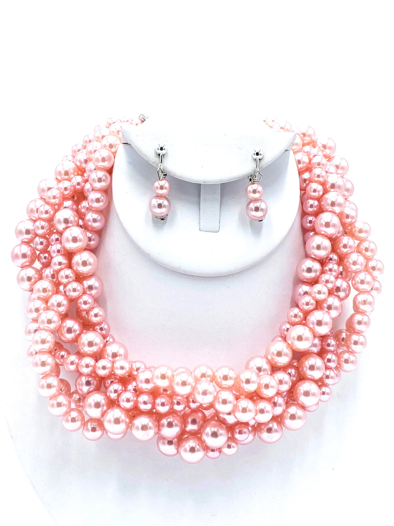 Clip on silver chain shiny pink pearl braided necklace and earring set