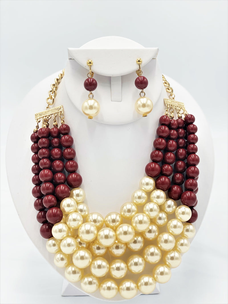 Clip on multi strand gold, burgundy, and cream pearl necklace set