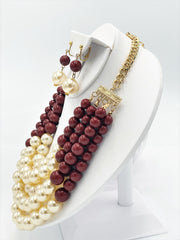 Clip on multi strand gold, burgundy, and cream pearl necklace set
