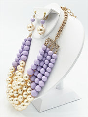 Clip on multi strand gold, light purple, and cream pearl necklace set