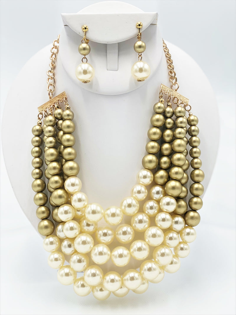 Clip on multi strand gold, matte gold, and cream pearl necklace set