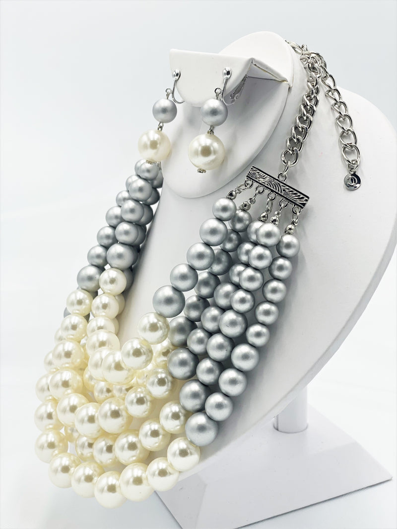 Clip on multi strand silver, gray, and white pearl necklace set