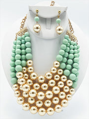 Clip on multi strand gold, turquoise, and beige pearl necklace set