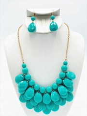 Clip on silver chain turquoise crackle print braided necklace and earring set