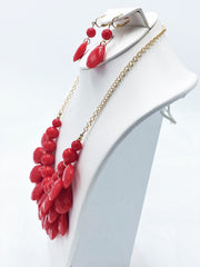 Clip on gold chain and red teardrop bead necklace and earring set
