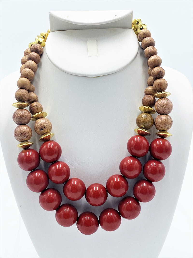 Necklace Only-Gold multi strand, wood, and red bead necklace only