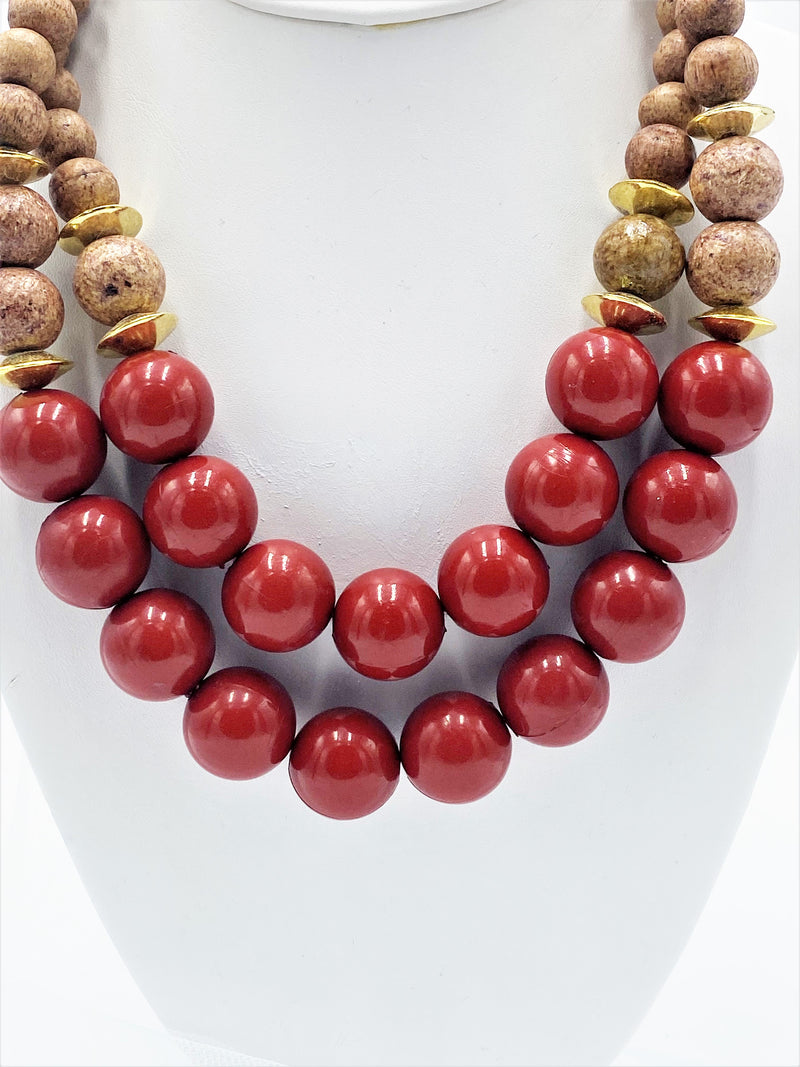 Necklace Only-Gold multi strand, wood, and red bead necklace only