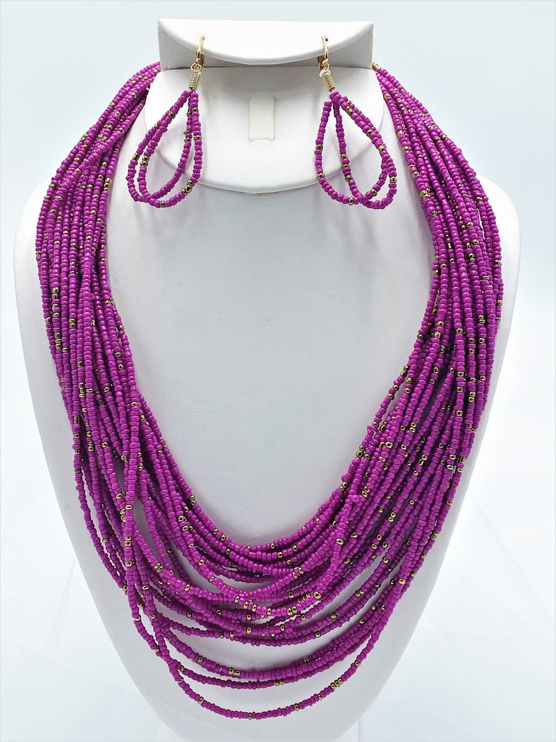 Clip on gold and purple seed bead multi strand necklace and earring set