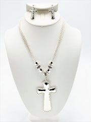 Clip on silver chain bead xlarge cross pendant necklace and earring set