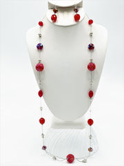 Clip on long silver and red fluorescent bead necklace and earring set