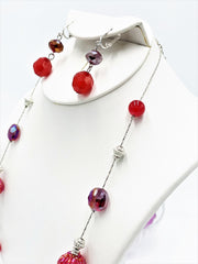 Clip on long silver and red fluorescent bead necklace and earring set