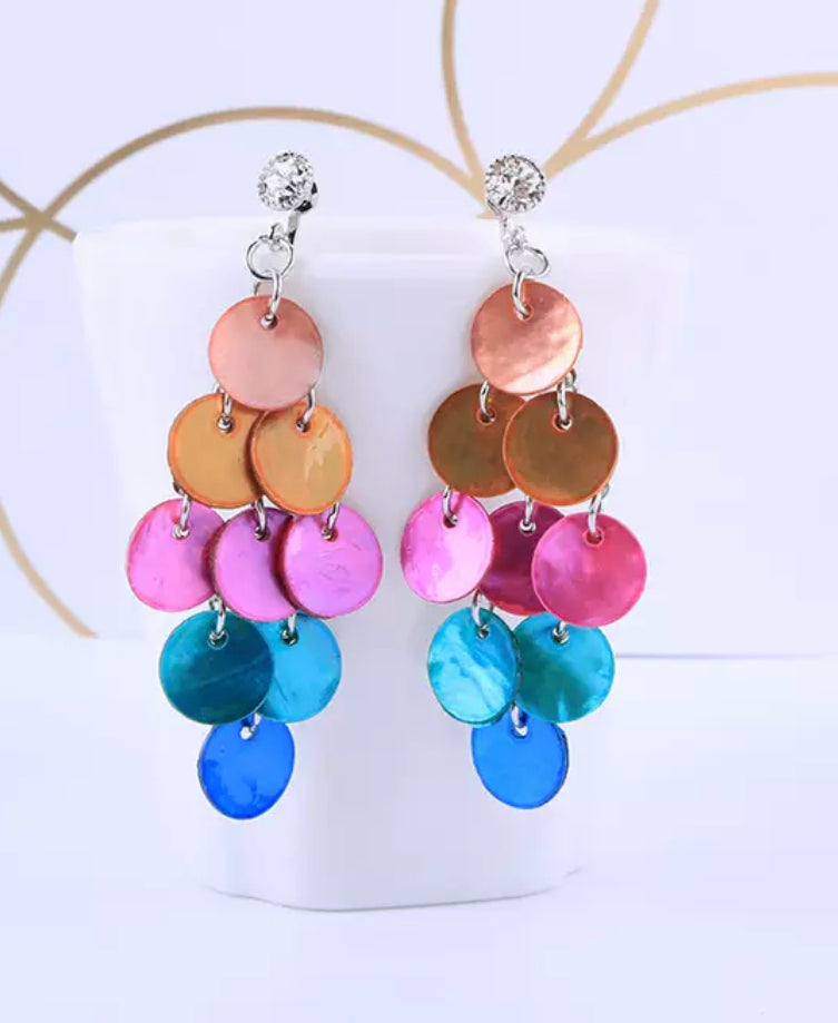 Clip on 2 3/4" silver lightweight layered circle shell earrings in seven colors