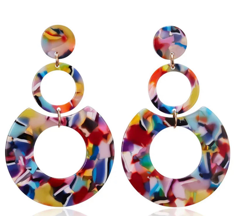 Clip on 2 3/4" red, green, multi colored graduated circle earrings