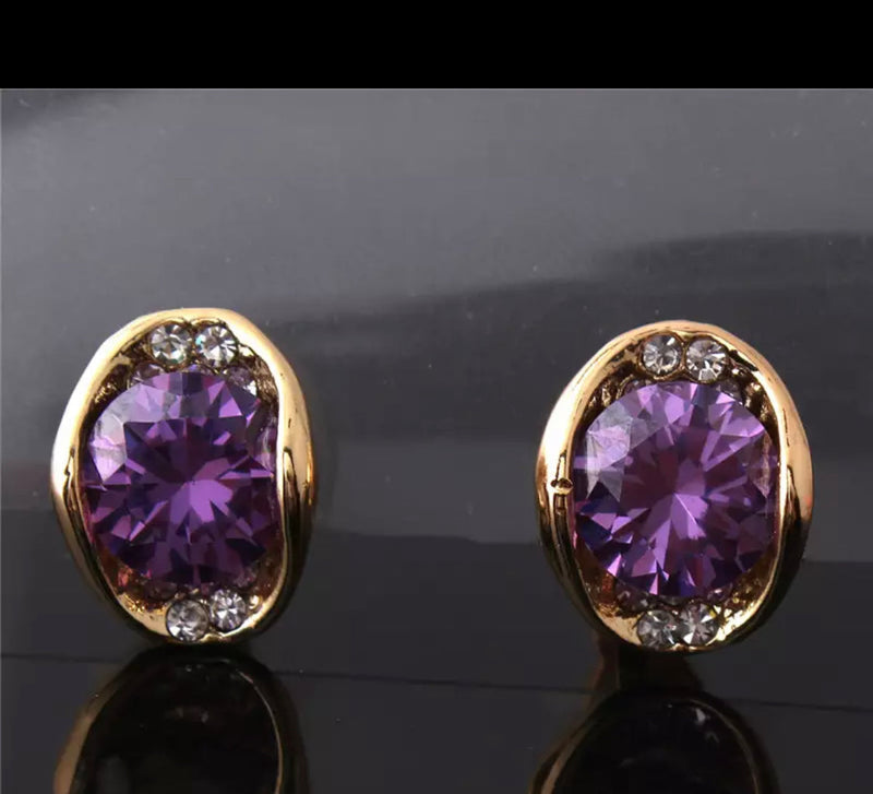 Clip on 1 1/2" gold and purple flower top earrings w/dangle teardrop