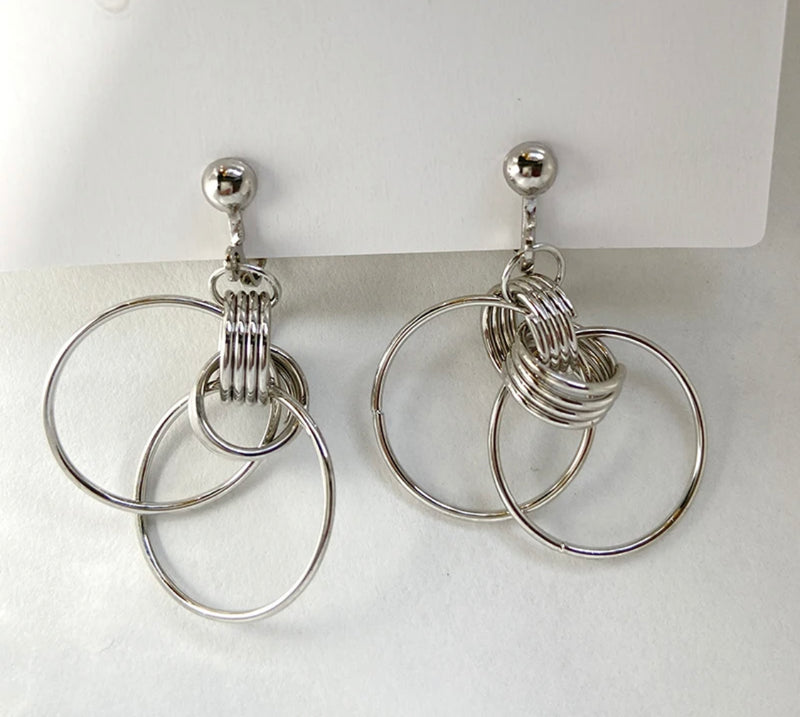 Clip on 1 3/4" silver double hoop knot dangle earrings