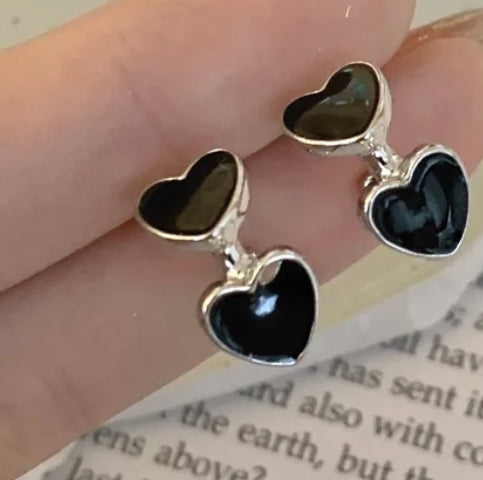 Clip on 3/4" small silver and black heart open back hoop earrings
