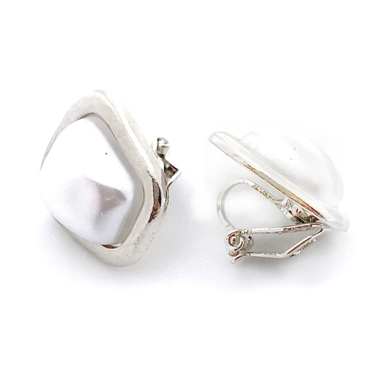 Clip on 3/4" small silver and white pearl three sided button style earrings