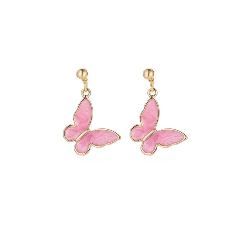 Pierced 1 1/4" gold and pink dangle butterfly earrings