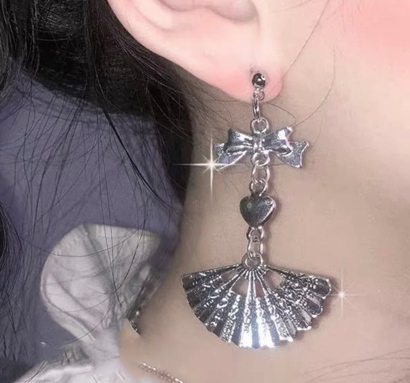 Vintage 2 3/4" clip on silver bow, heart and fan dangle earrings