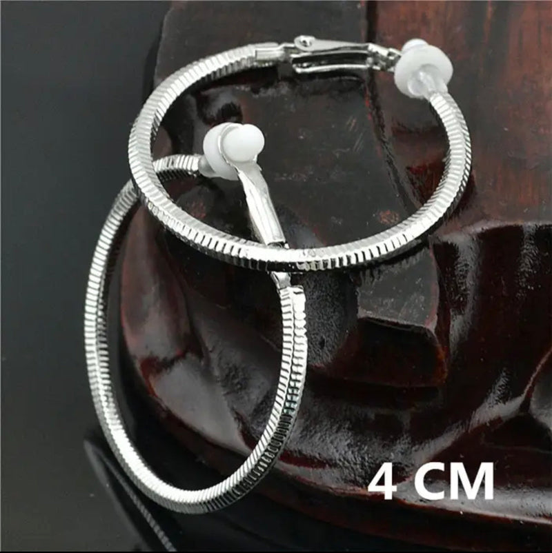 Clip on 2" silver and black bead hoop earrings