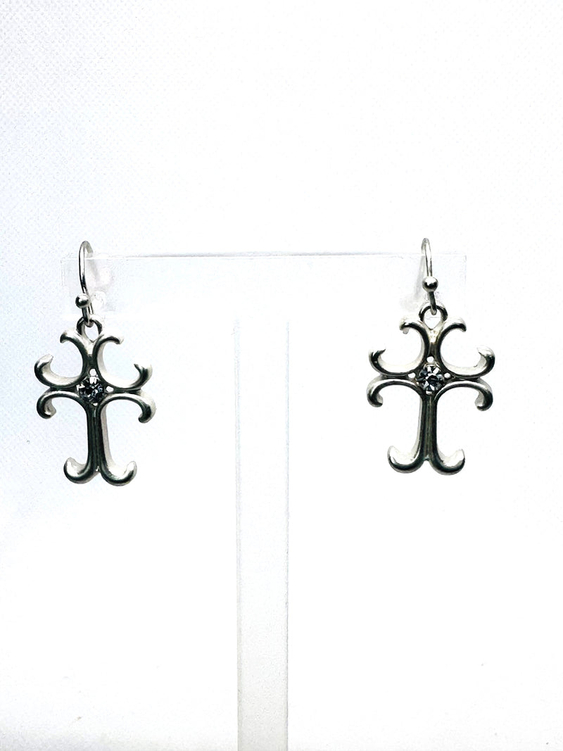 Pierced 1 1/4" matte silver curly edge cross earrings with clear stone