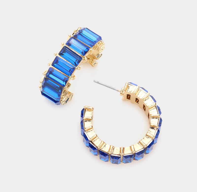 Pierced 1" gold and blue stone 1/4" wide hoop earrings