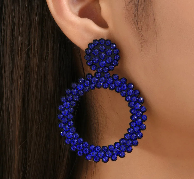 Pierced 1 3/4" silver, black felt, and blue stone dangle hoop earrings