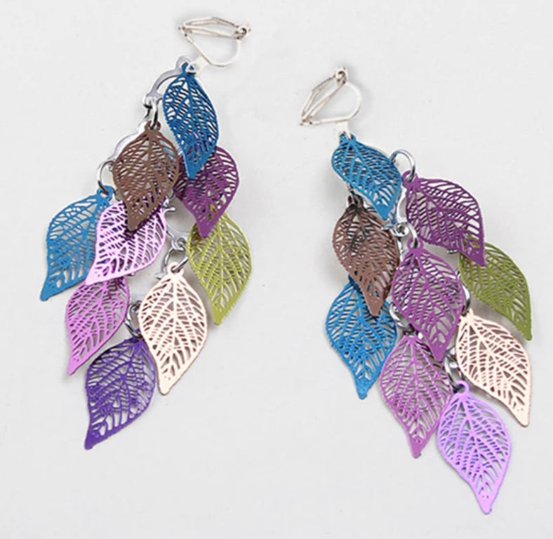 Clip on 3" silver and multi colored layered leaf earrings