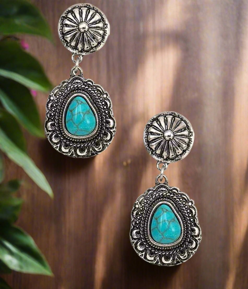 Clip on 1 3/4" western silver and turquoise stone earrings