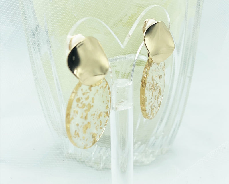 Clip on 1 3/4" bent shiny gold and glitter double circle dangle earrings