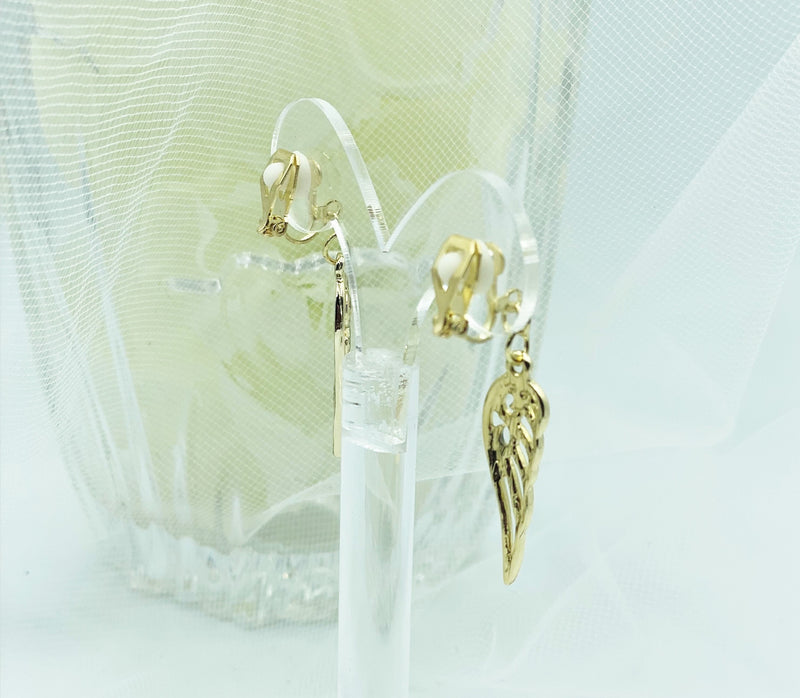 Clip on 1 3/4" gold cutout dangle wing earrings