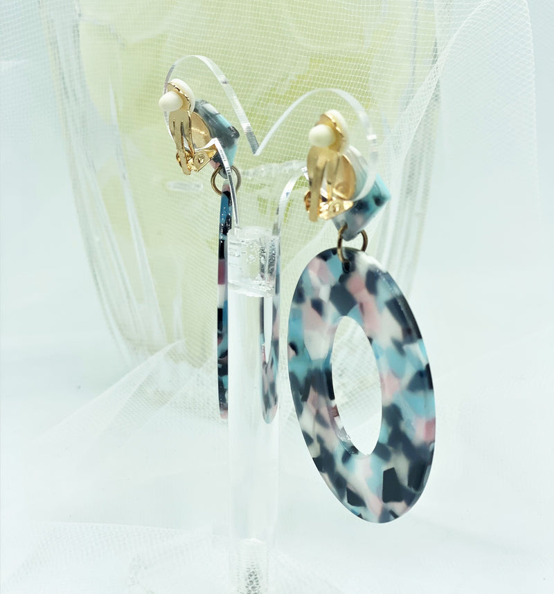 Clip on 2 3/4"gold black, blue, white multi colored dangle plastic hoop earrings