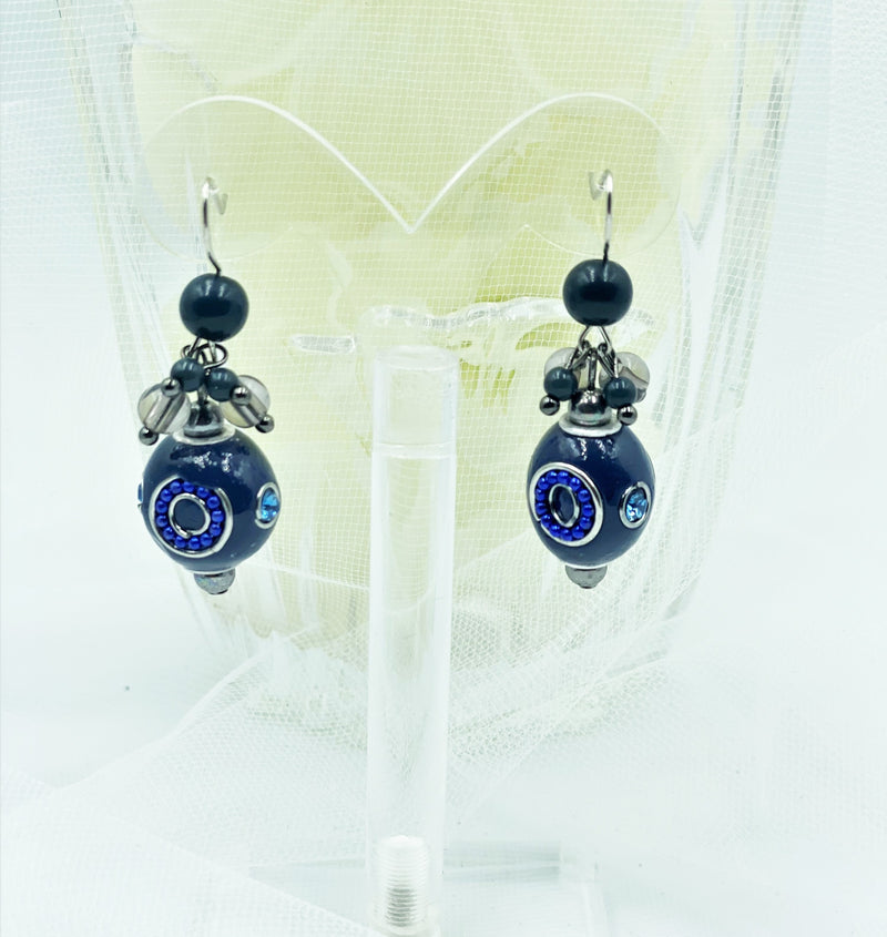 Pierced 2" silver and blue stone and bead dangle earrings