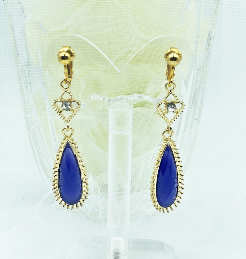 Clip on 2 3/4" gold and blue stone long teardrop earrings w/clear stone