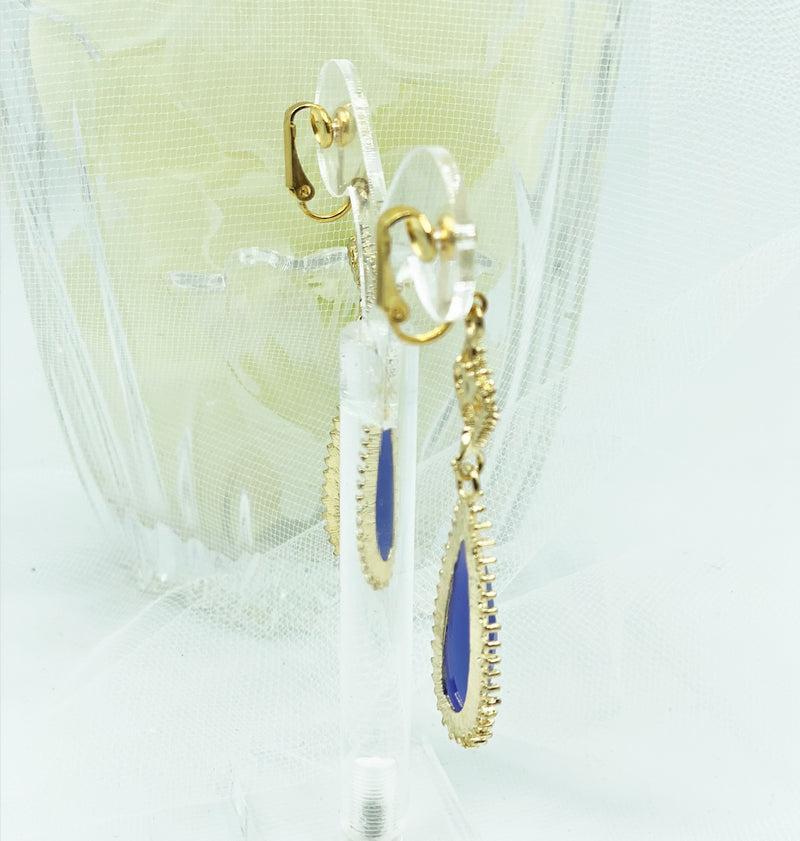 Clip on 2 3/4" gold and blue stone long teardrop earrings w/clear stone