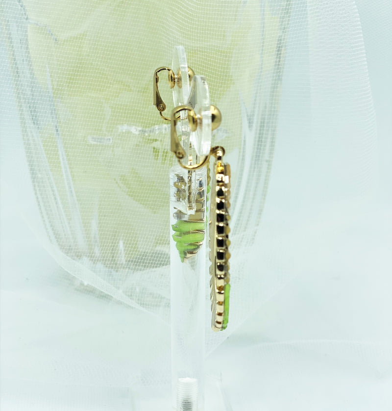 Clip on 2 1/2" gold, green and yellow stone dangle teardrop earrings