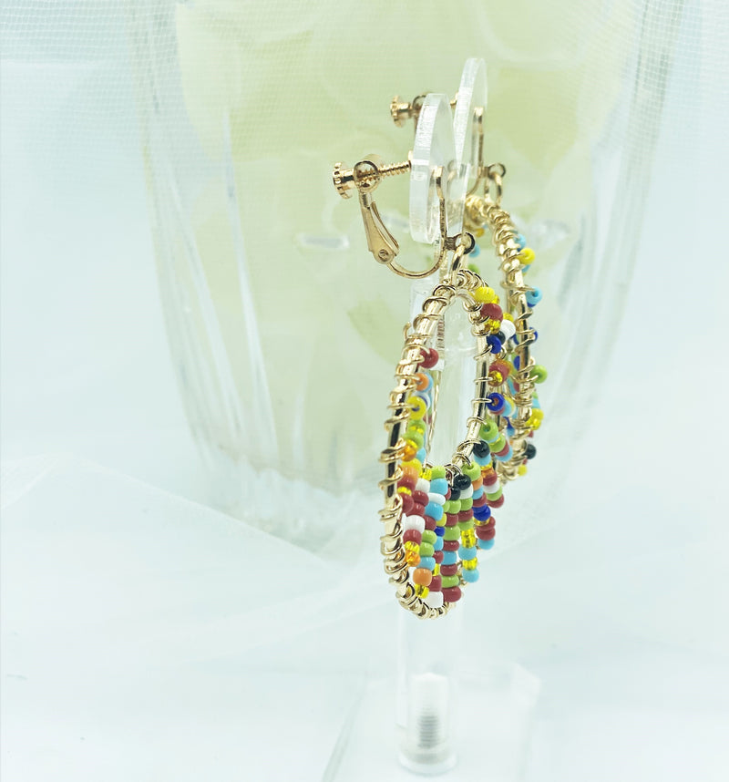 Clip on 2 1/2" gold wire multi colored seed bead dangle hoop earrings