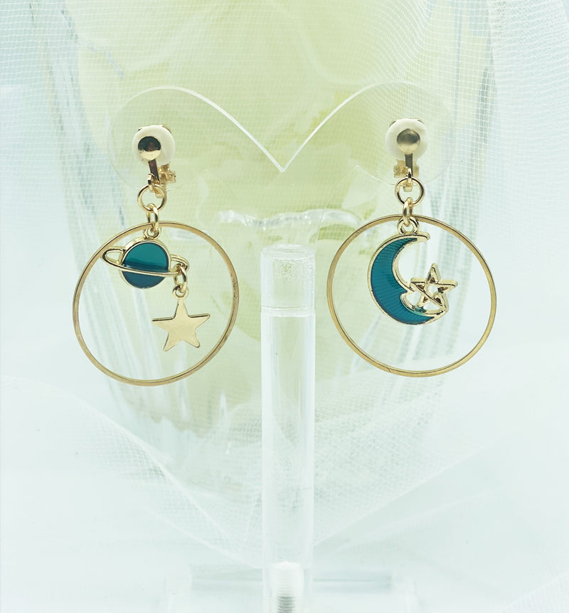 Clip on 1 3/4" gold & turquoise hoop earrings w/dangling moon, orbit and stars