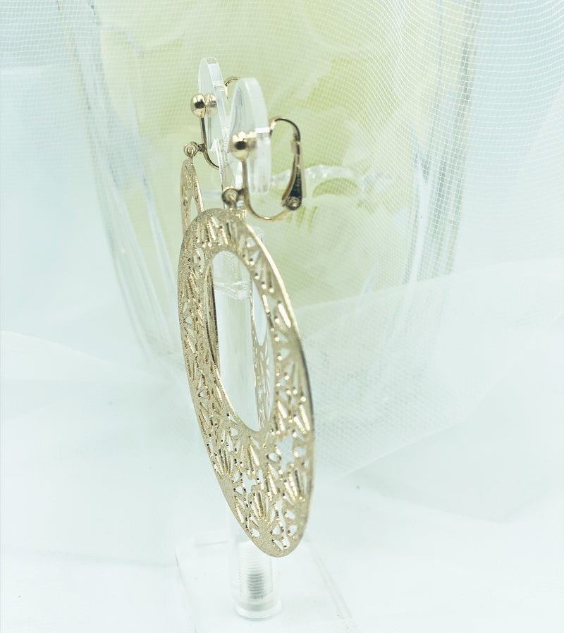 Clip on 3" gold cutout wide flower dangle hoop earrings