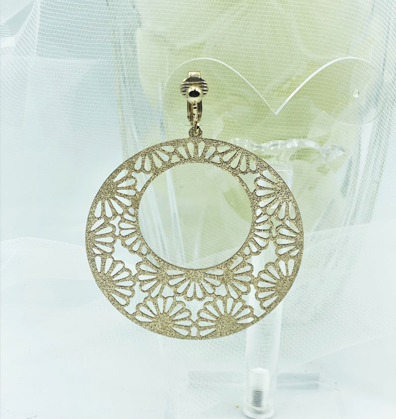 Clip on 3" gold cutout wide flower dangle hoop earrings
