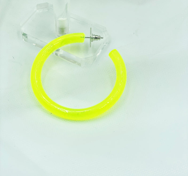 Pierced 2" fluorescent yellow open back hoop earrings