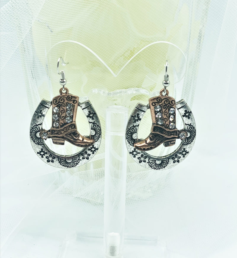Pierced 2 1/4" silver, rose horse shoe and boot dangle earrings w/clear stones