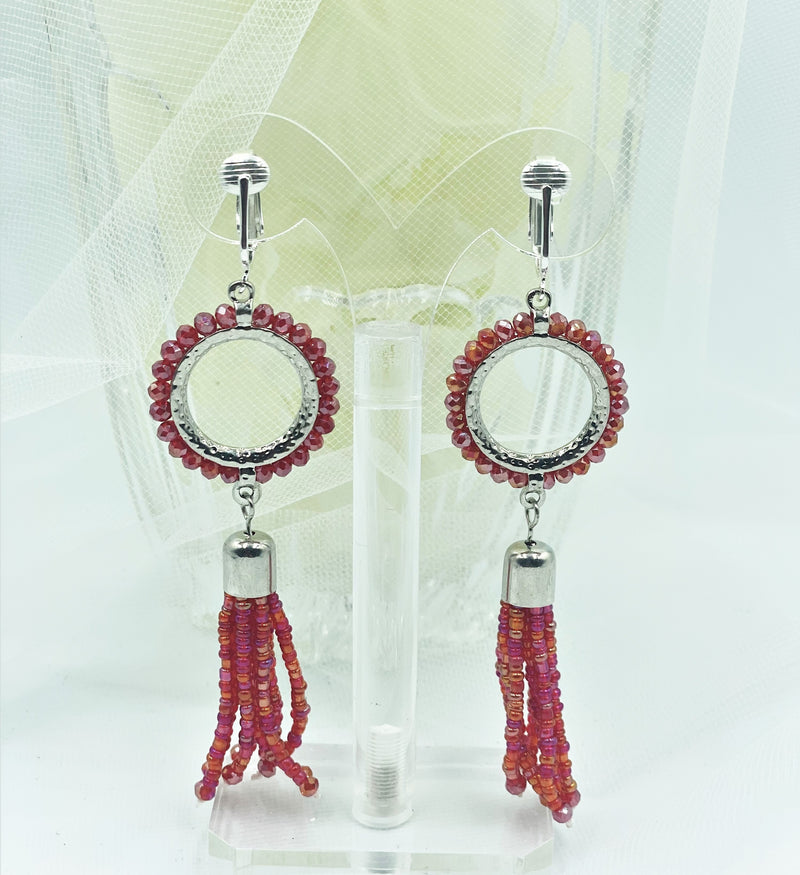 Clip on 4" long silver hoop earring with dangle red multi colored seed beads