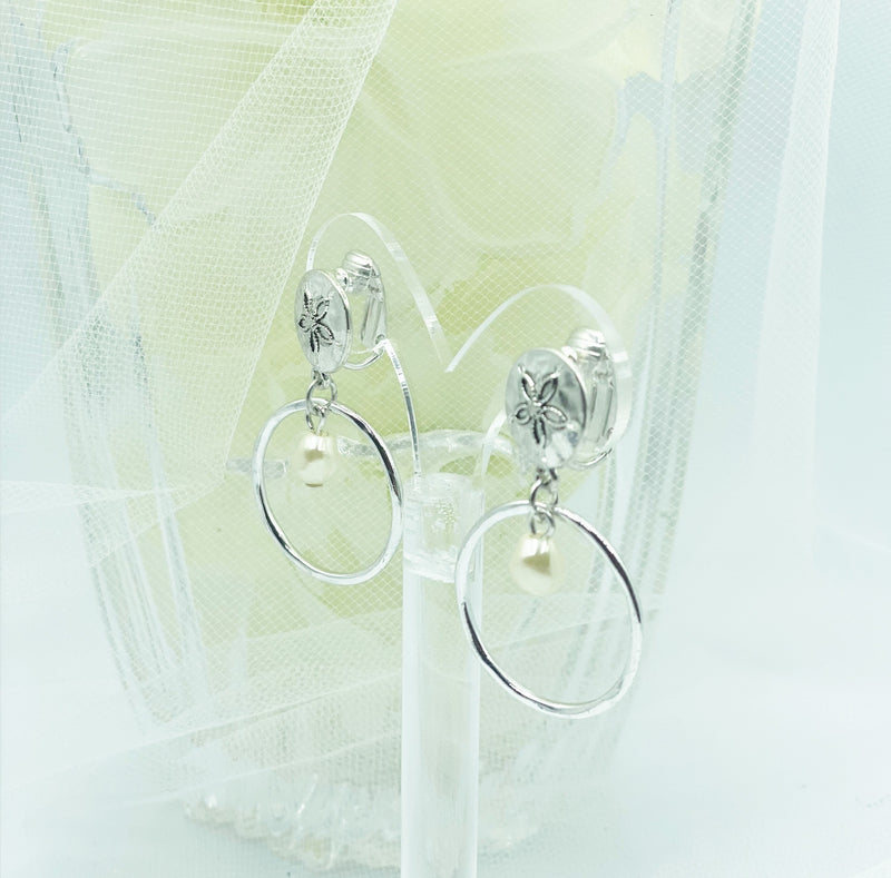 Clip on 1 3/4" silver starfish dangle hoop earrings w/center white pearl